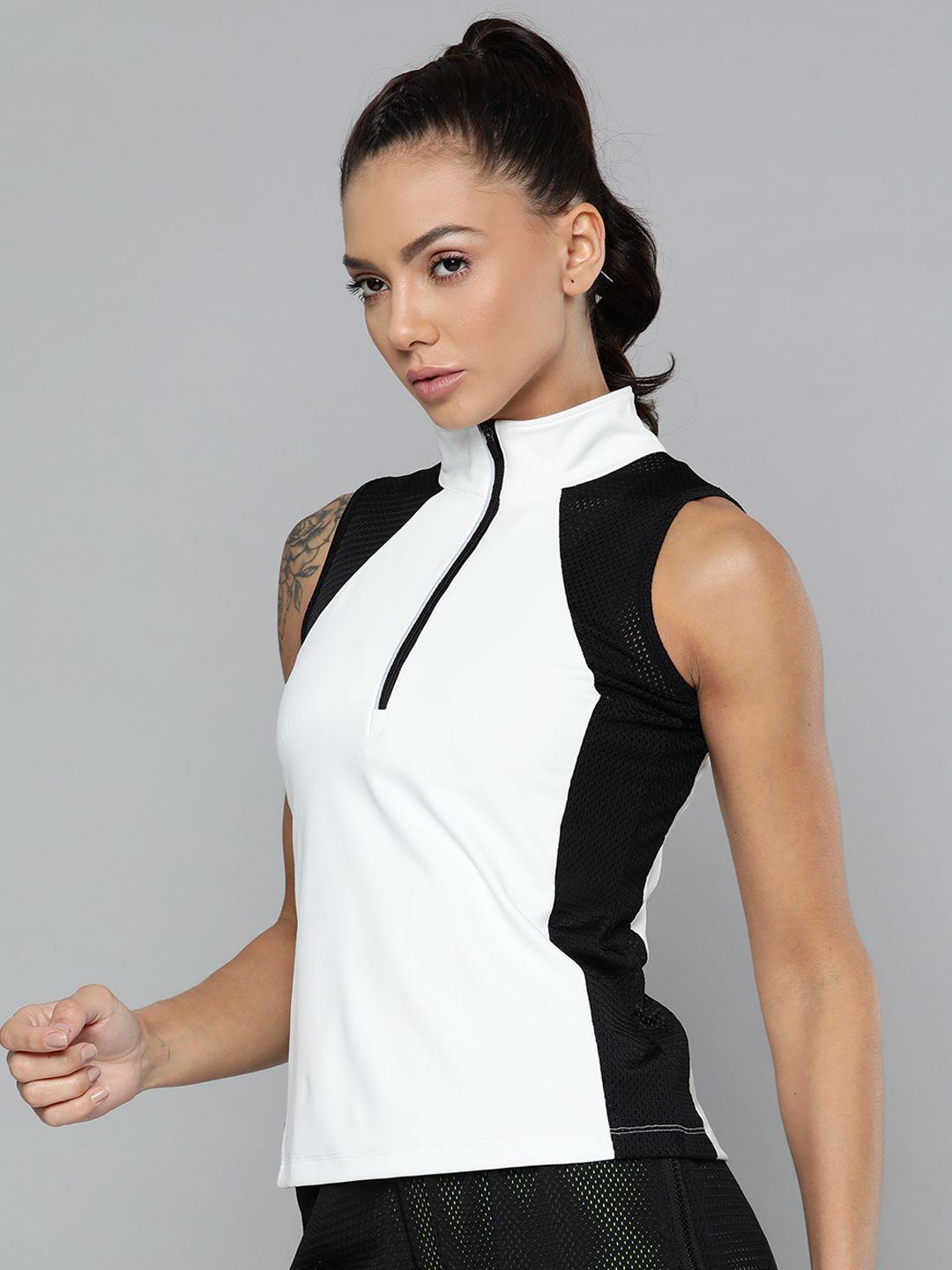 fitkin women white & black colourblocked slim fit tennis t-shirt