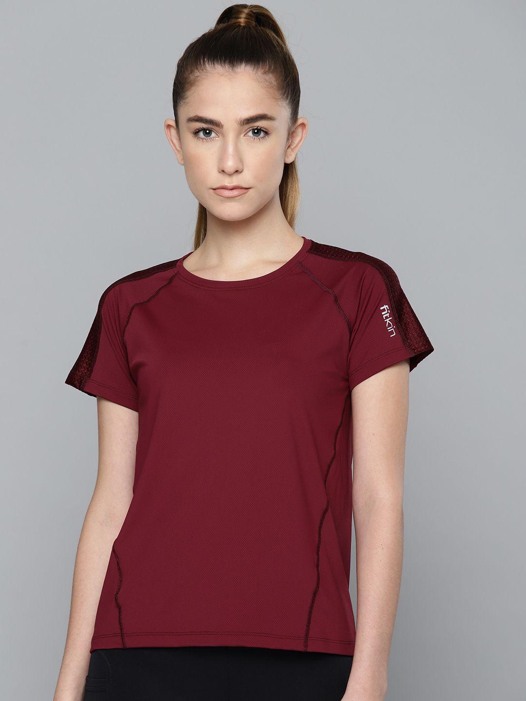 fitkin women wine coloured training or gym t-shirt with design sleeves