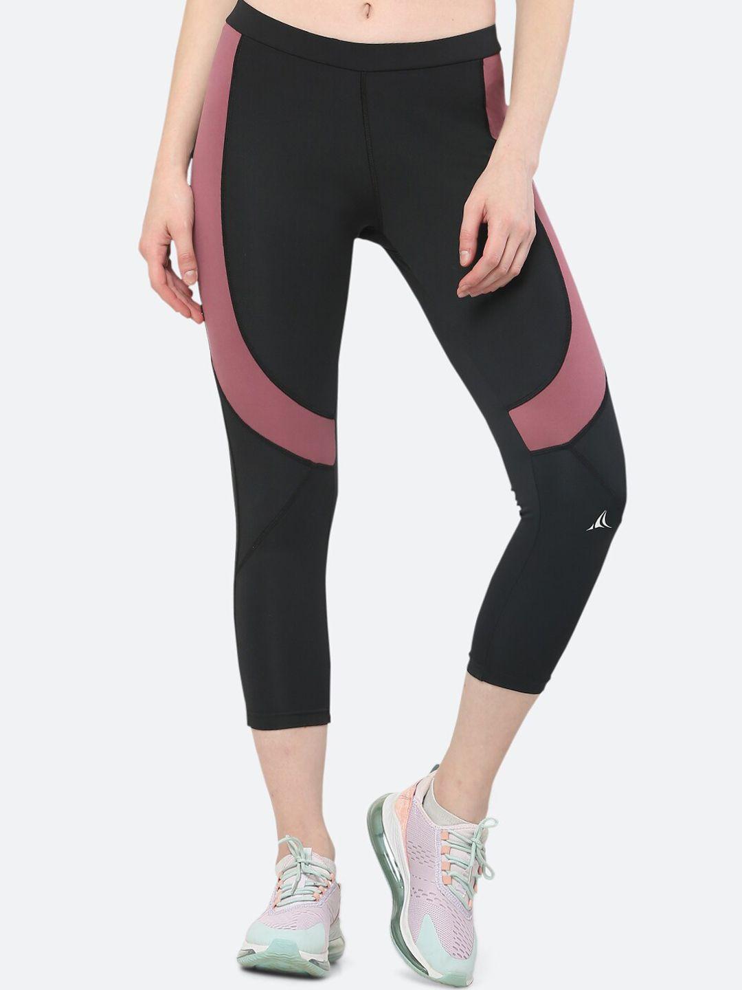 fitleasure women black & pink colourblocked 7/8 sports tights