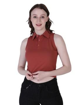 fitted crop top with spread collar