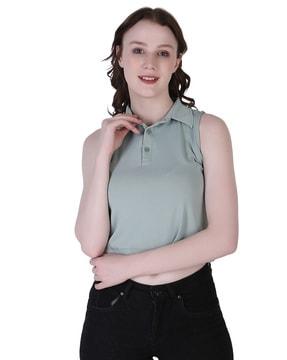 fitted crop top with spread collar