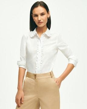 fitted supima cotton non-iron ruffle blouse