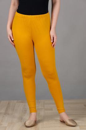 fitted full length cotton lycra women's leggings - mustard