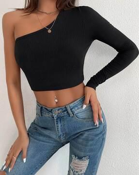 fitted top with off-shoulder sleeves