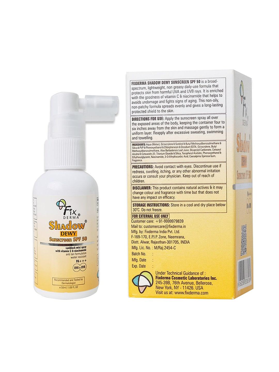 fixderma shadow dewy spf 50 sunscreen mist spray with vitamin c & niacinamide - 50 ml