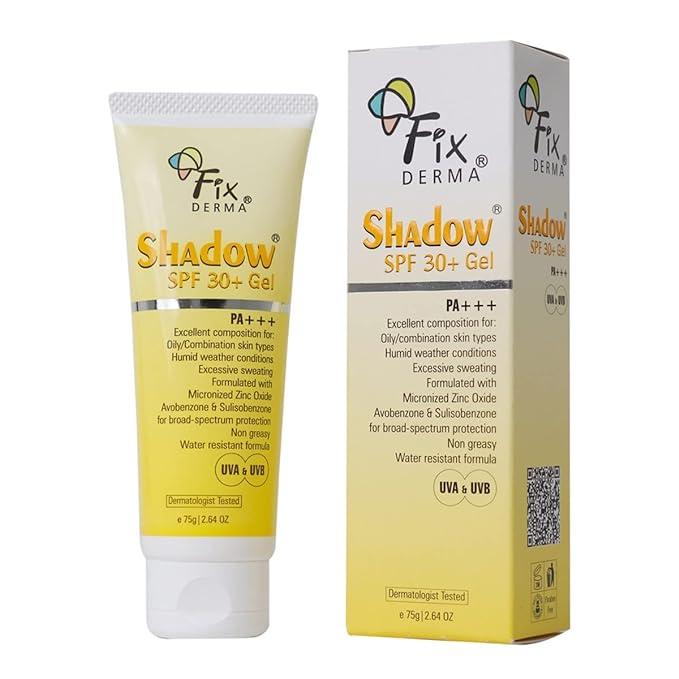 fixderma shadow sunscreen spf 30+ gel sunscreen for oily skin, sun screen protector spf 30 for body & face, broad spectrum for uva & uvb protection non greasy & water resistant for unisex, 75g