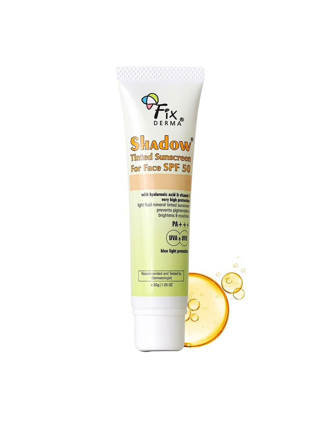 fixderma shadow tinted spf 50 pa+++ sunscreen with vitamin e & hyaluronic acid - 30 g