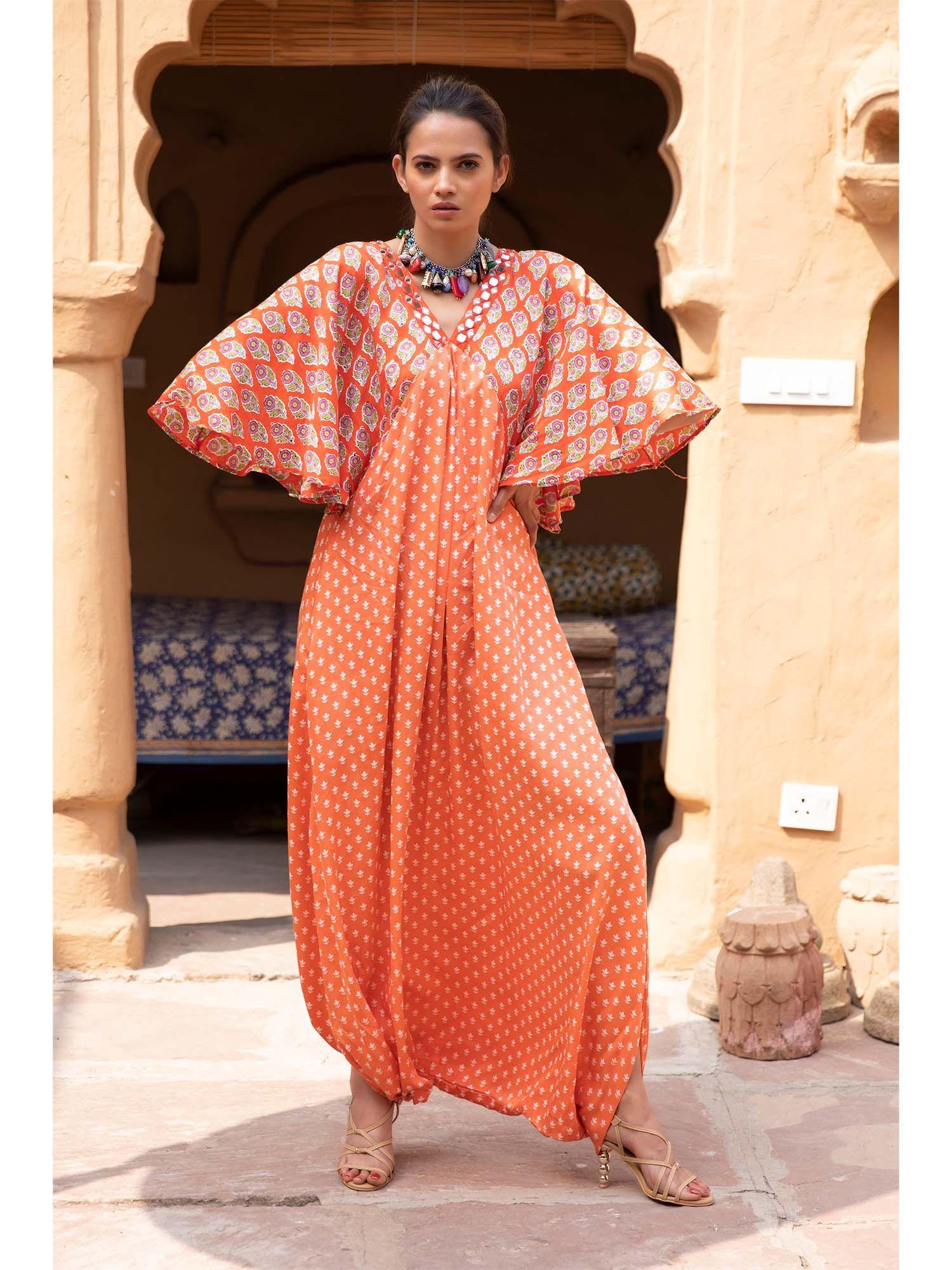 fiza dhoti kaftan-handblock printed modal satin-orange