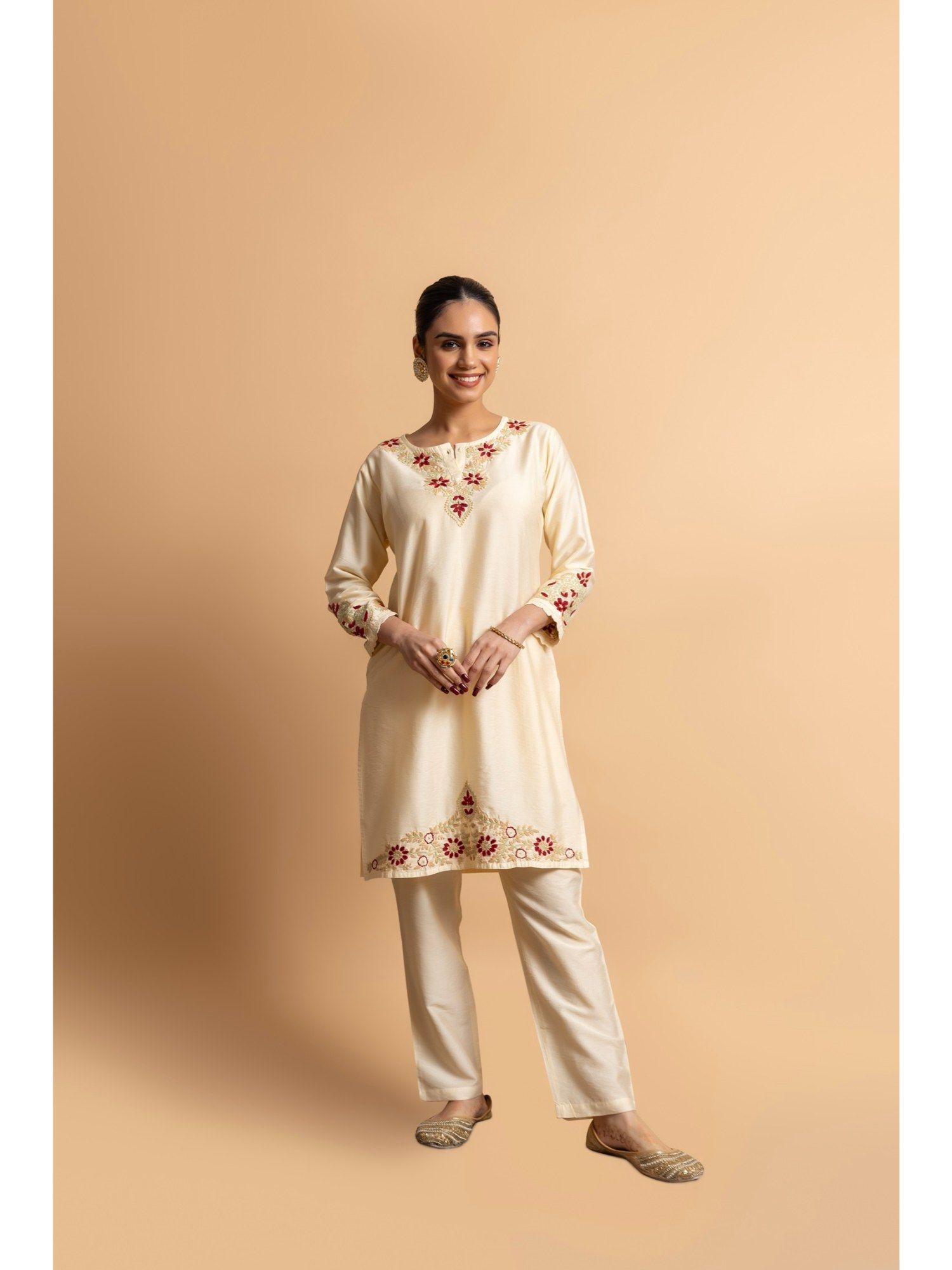 fizaa's chikankari chanderi silk kurti & pant for women (set of 2)