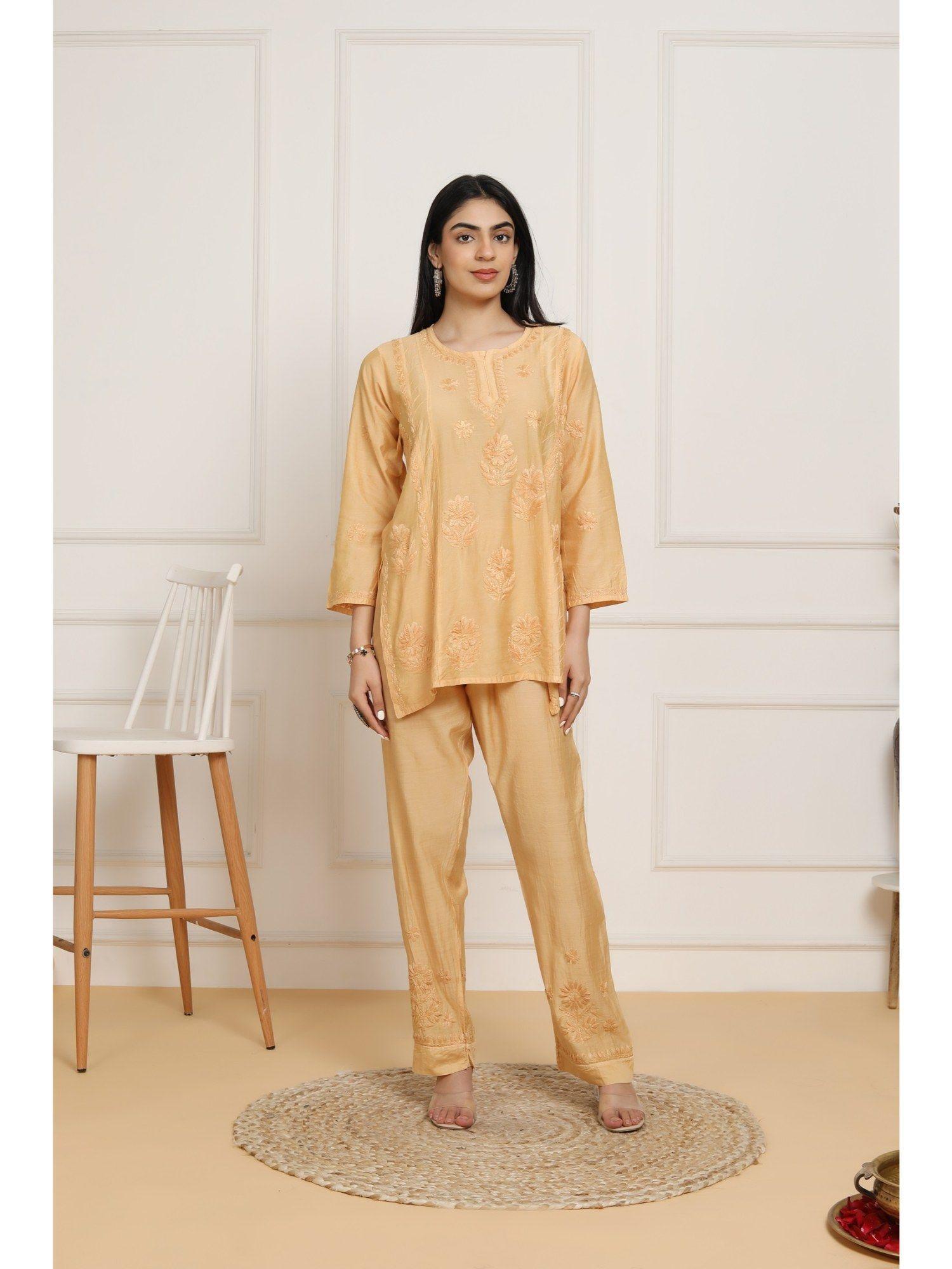 fizaa's chikankari chanderi silk tunic & pant for women (set of 2)
