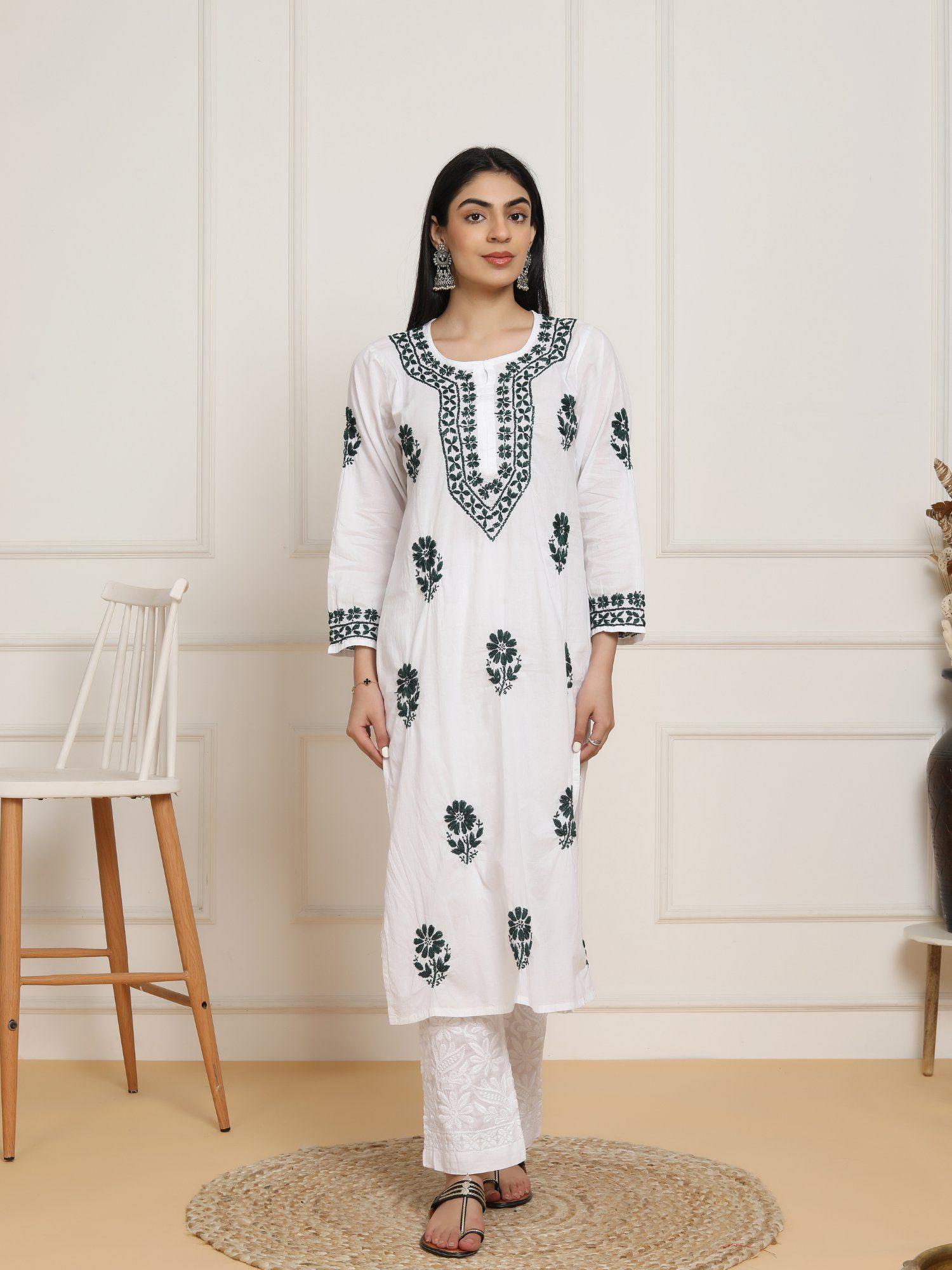 fizaa's chikankari mul cotton kurta with pant for women (set of 2)