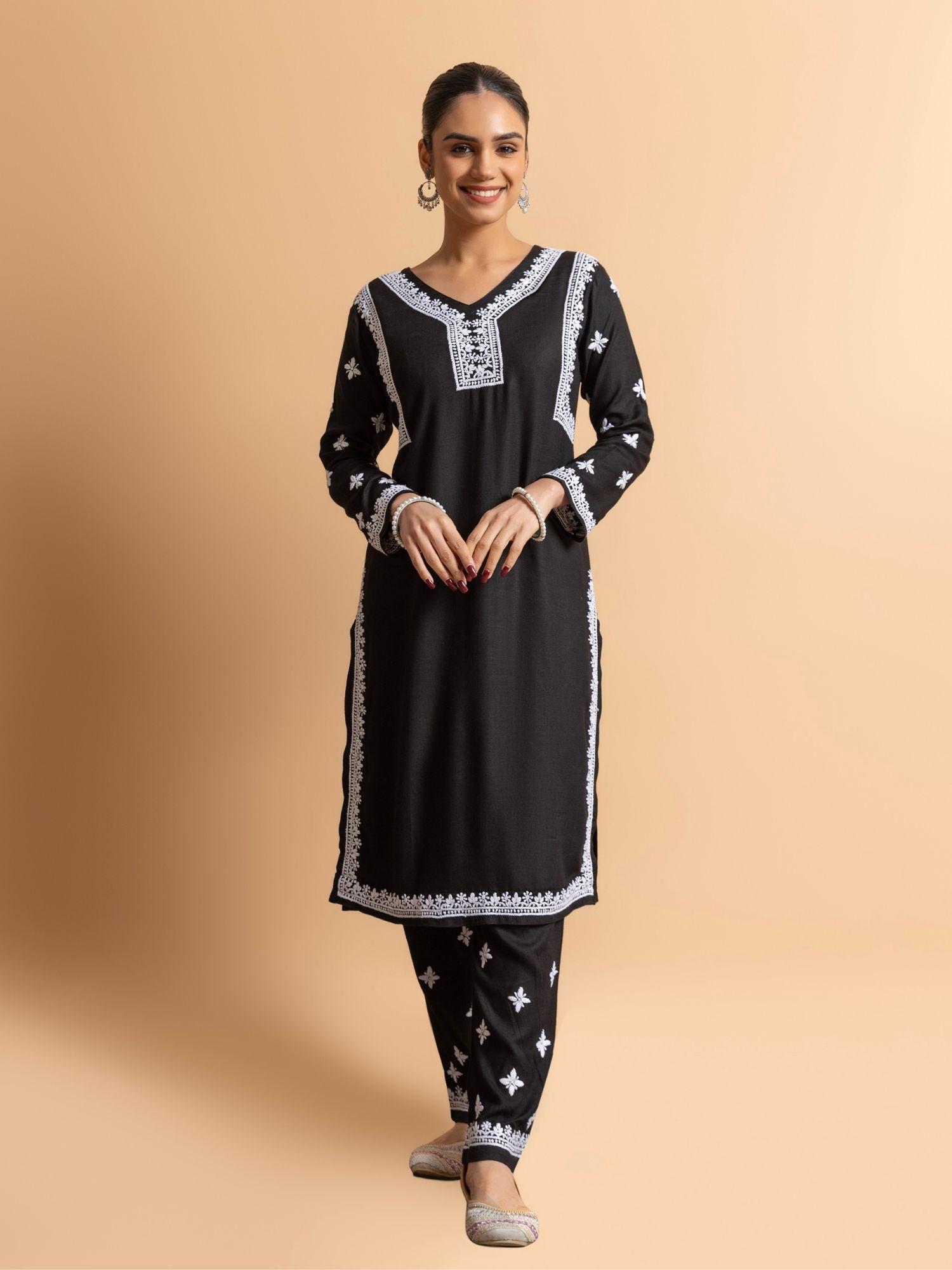fizaa's chikankari rayon kurta & pant for women black (set of 2)