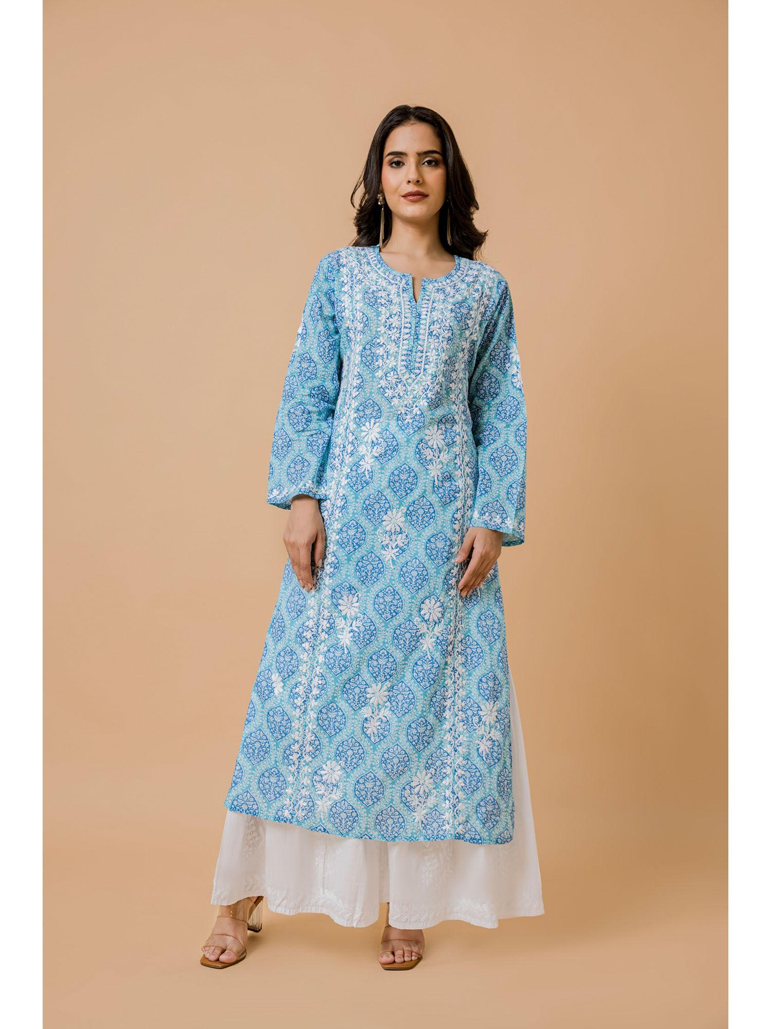 fizaa blue chikankari kurta in cotton