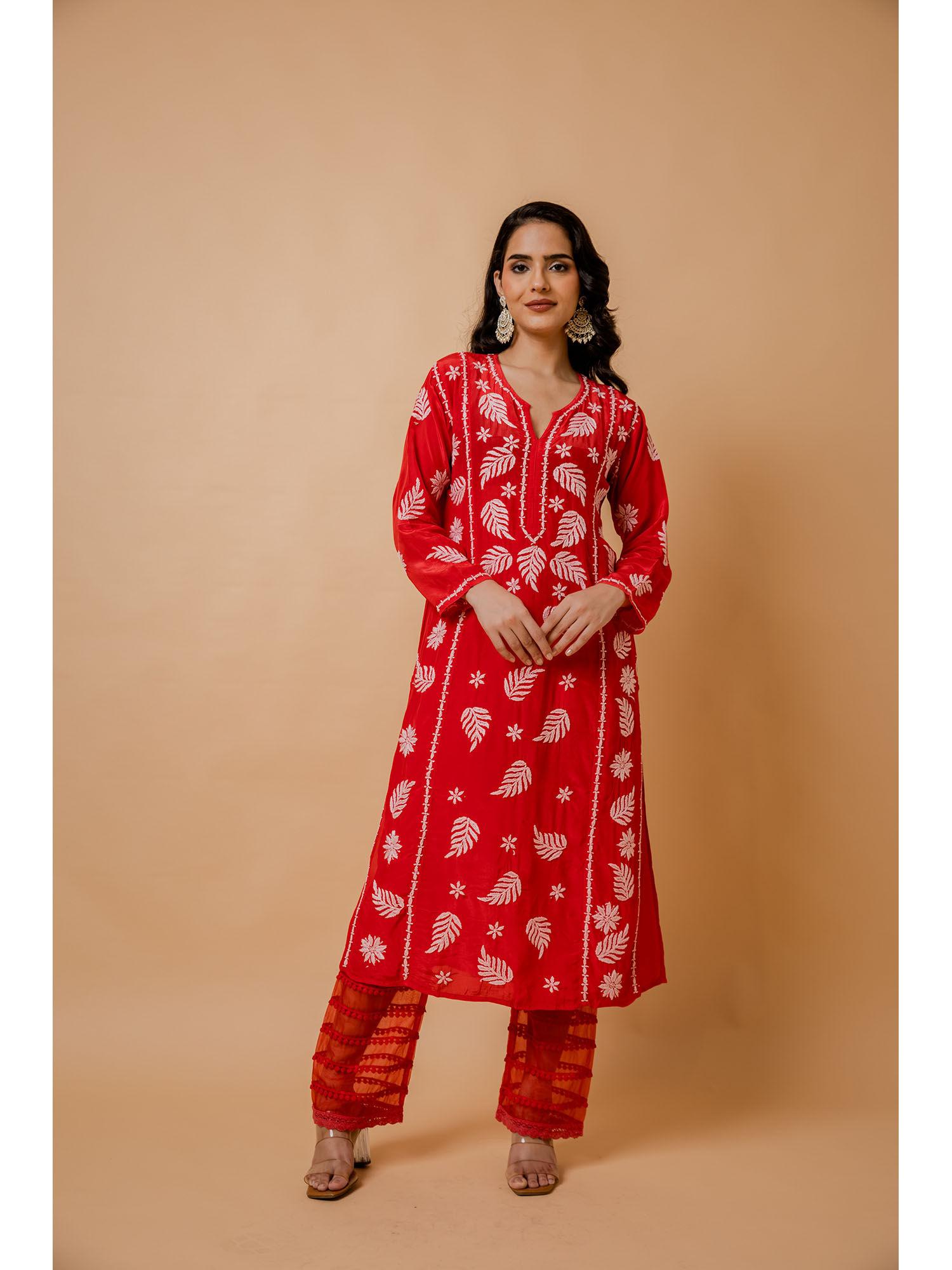 fizaa chikankari crepe silk red kurta for women