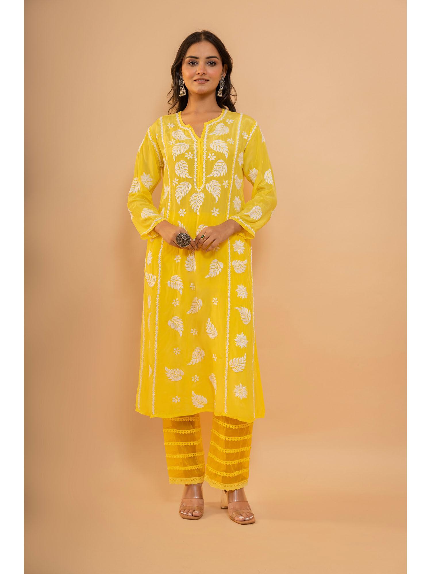 fizaa chikankari crepe silk yellow kurta for women