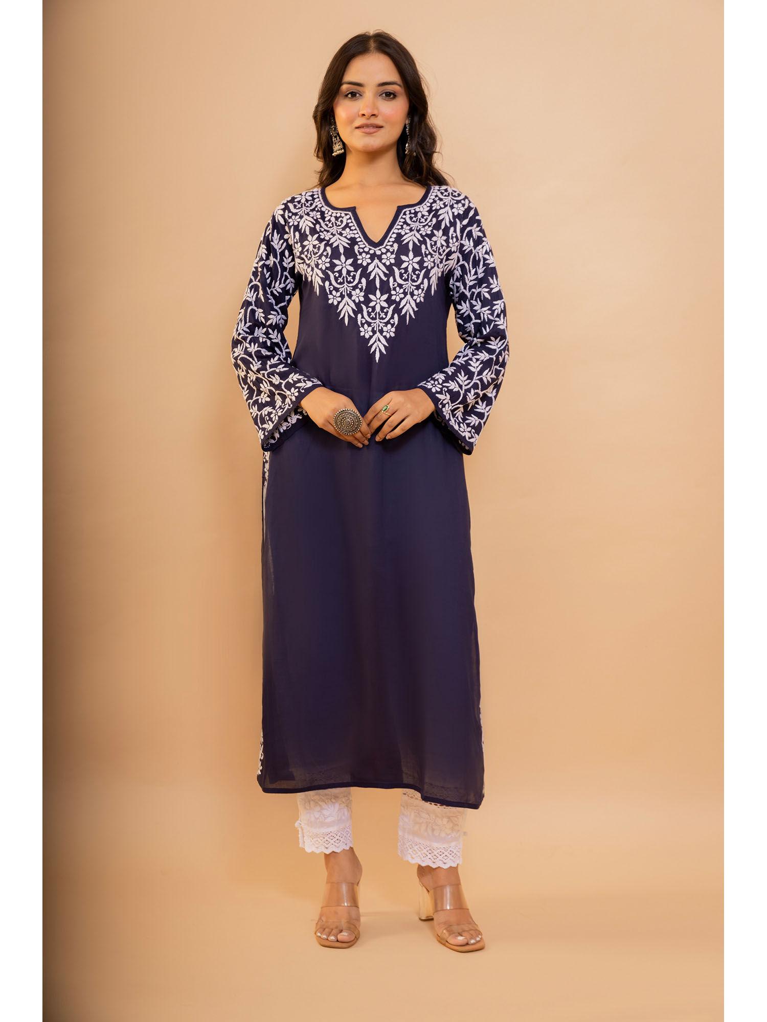 fizaa chikankari elegant navy blue modal cotton kurta