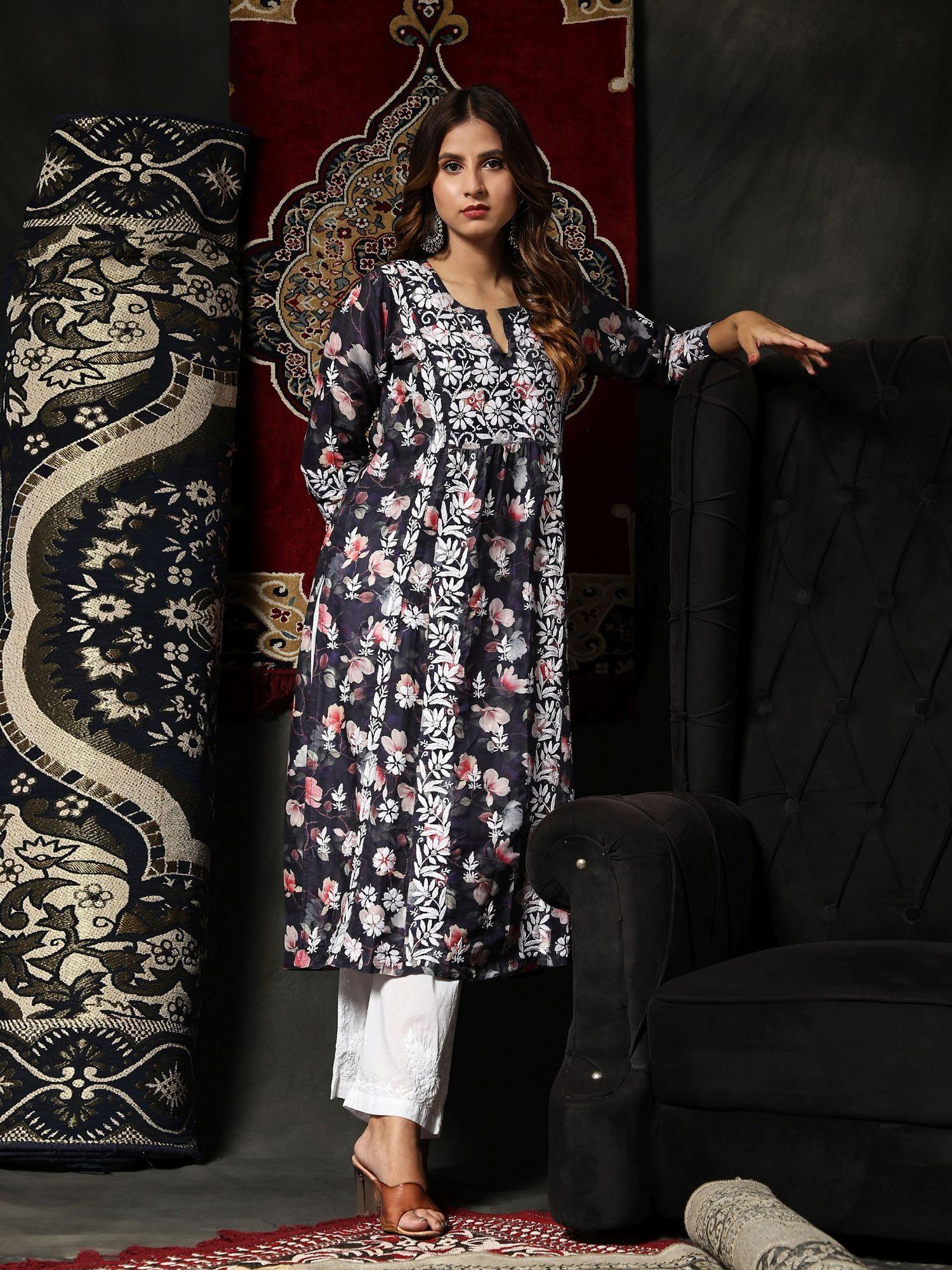 fizaa chikankari long kurta in muslin cotton for women dark blue print