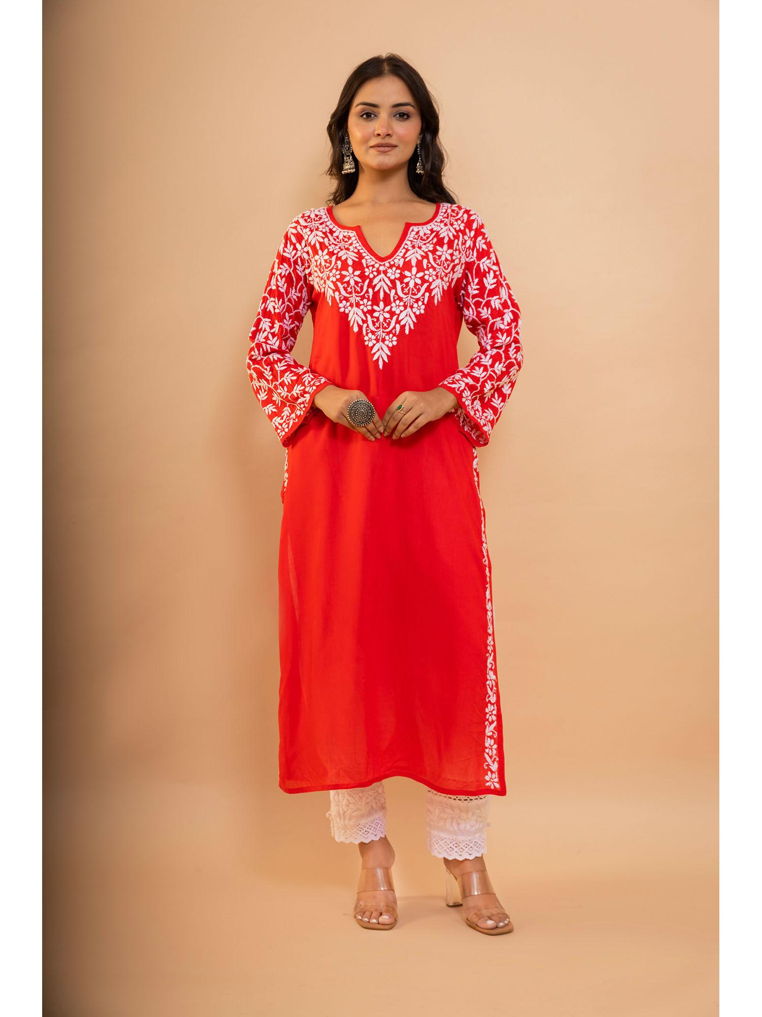 fizaa chikankari radiant red modal cotton kurta