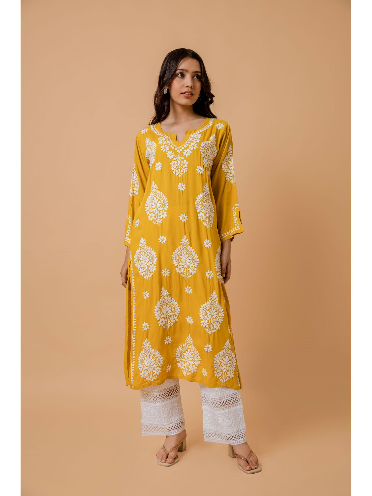 fizaa mustard rayon cotton chikankari kurta