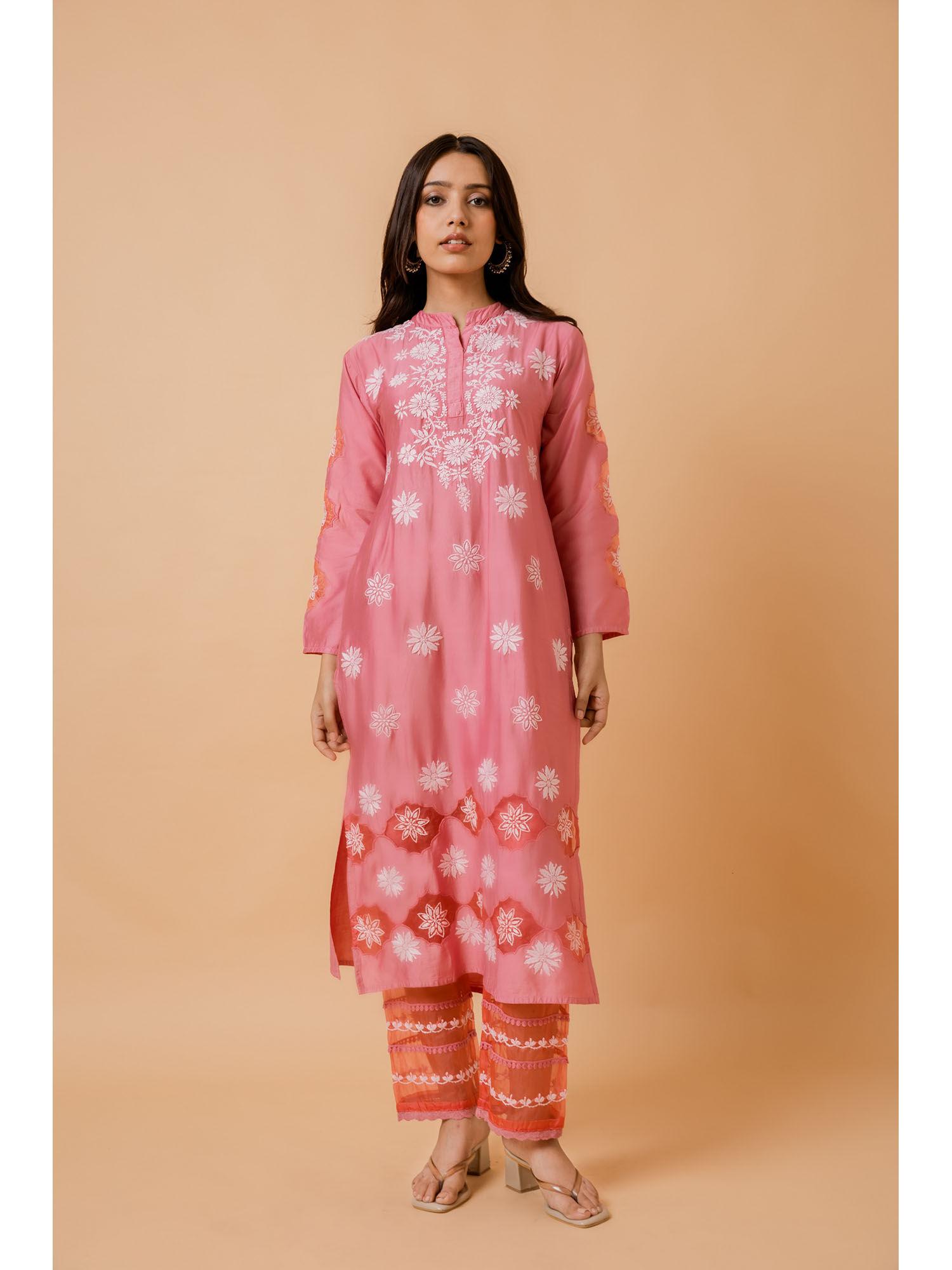 fizaa pink chikankari chanderi silk kurta