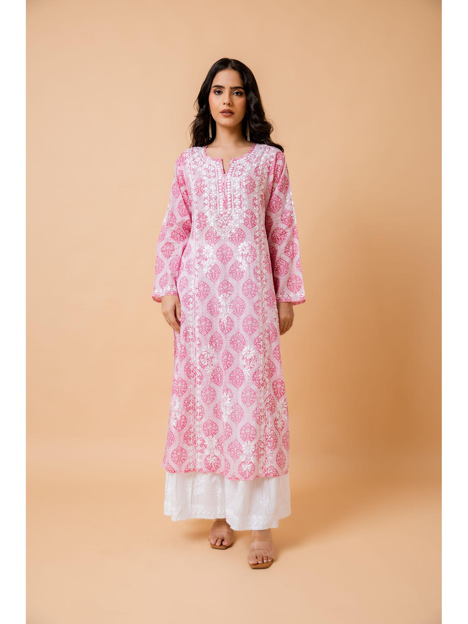 fizaa pink chikankari kurta in cotton