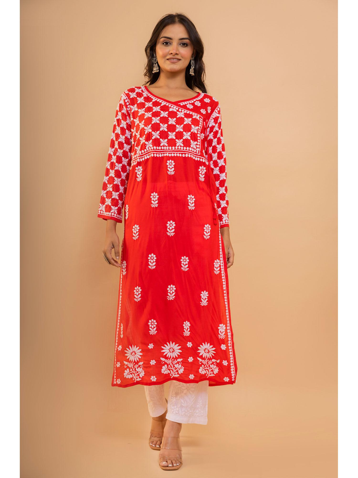 fizaa red modal angrakha style kurta in modal cotton