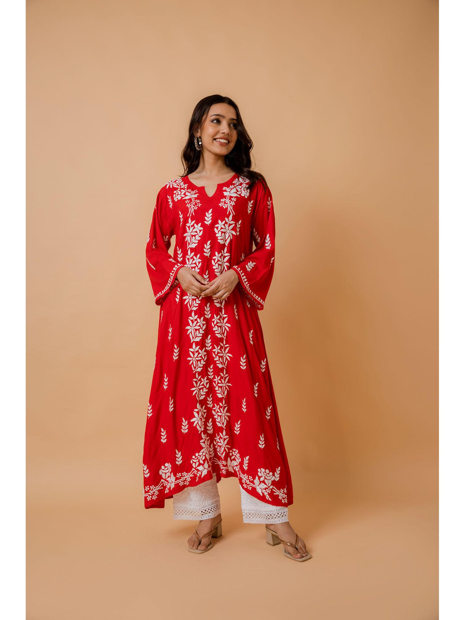 fizaa red rayon cotton chikankari kurta