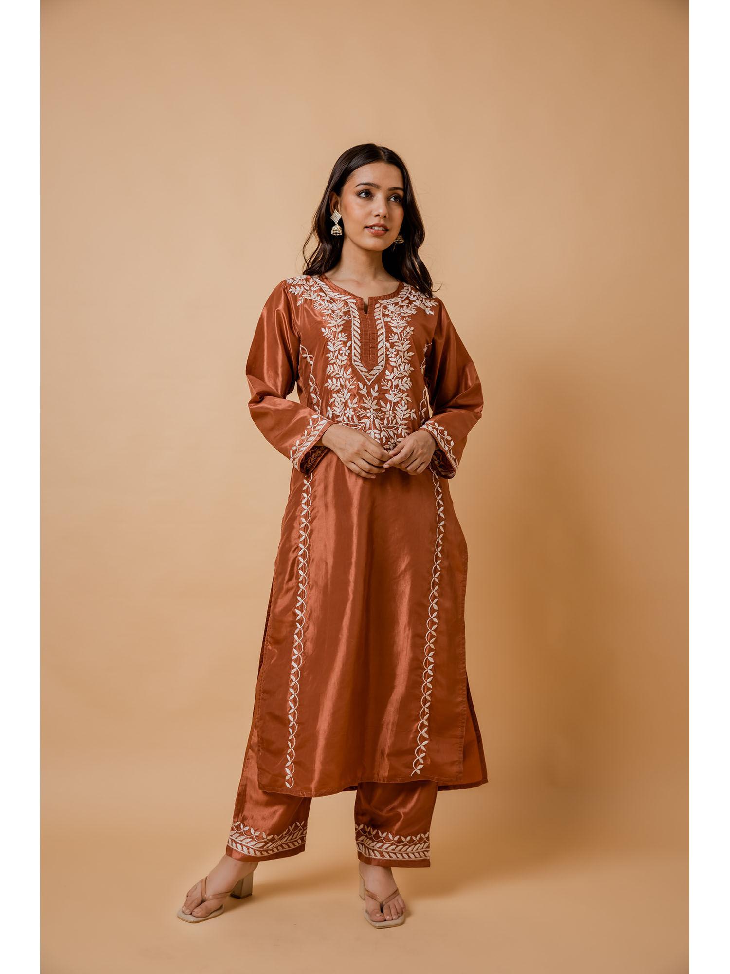 fizaa silk chikankari copper brown kurta