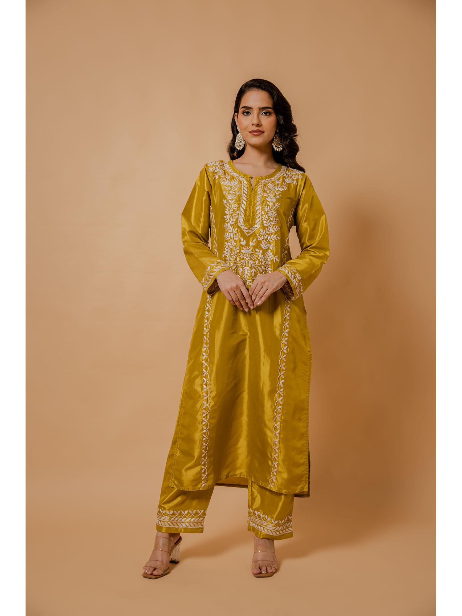 fizaa silk chikankari mustard yellow kurta