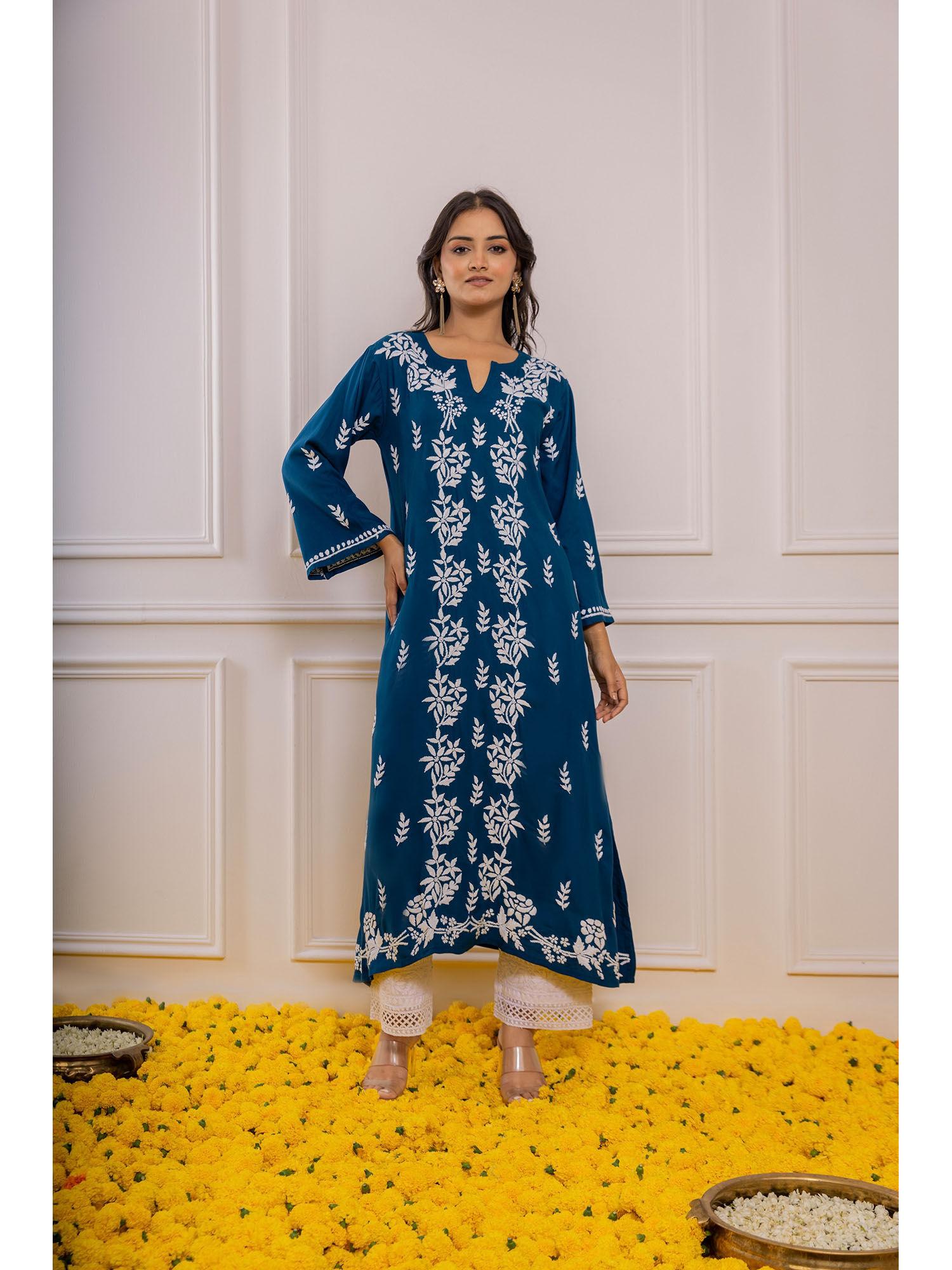 fizaa teal rayon cotton chikankari kurta