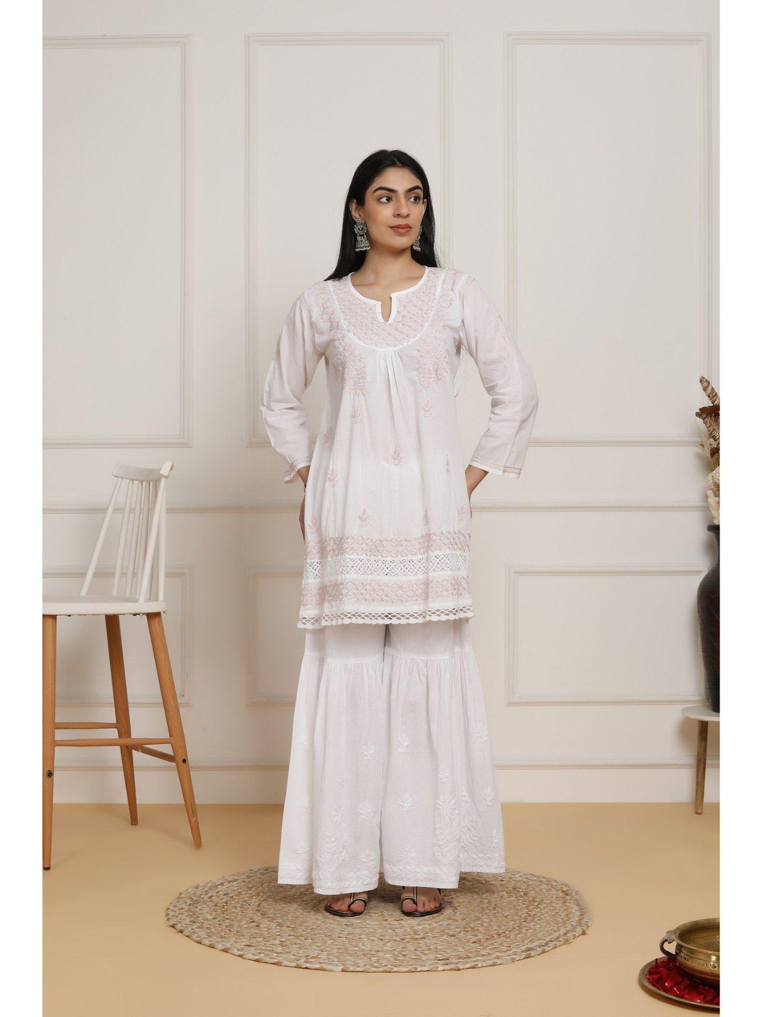 fizaa white chikankari kurti in cotton