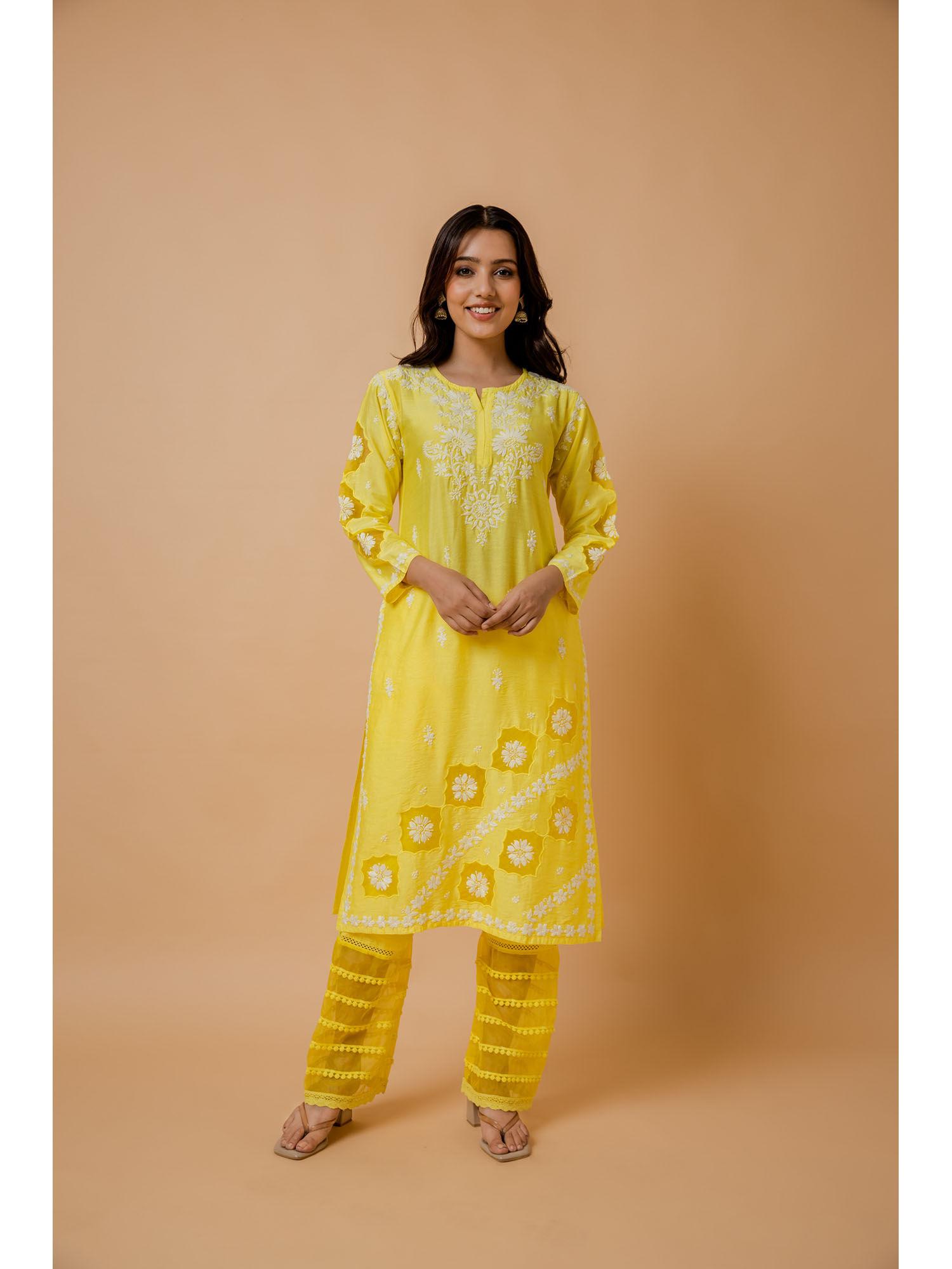 fizaa yellow chikankari chanderi silk kurta