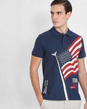 flag print slim fit cotton polo t-shirt