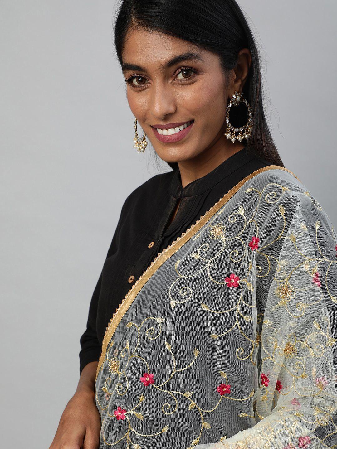 flaher off white embroidered dupatta with zari
