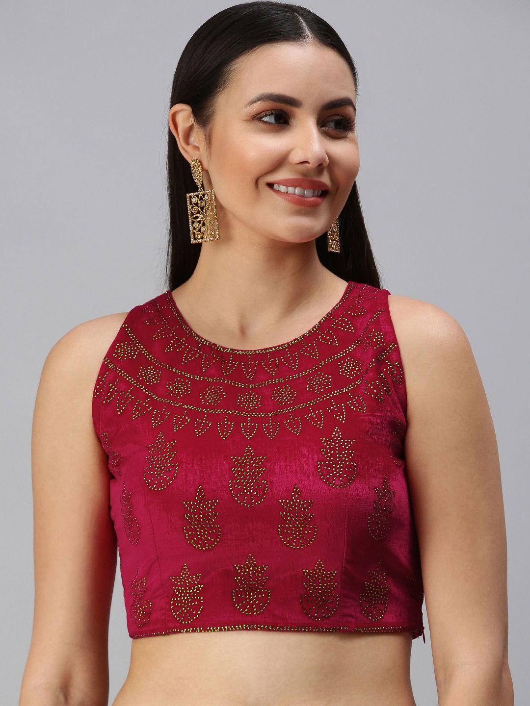 flaher pink embellished velvet padded readymade saree blouse
