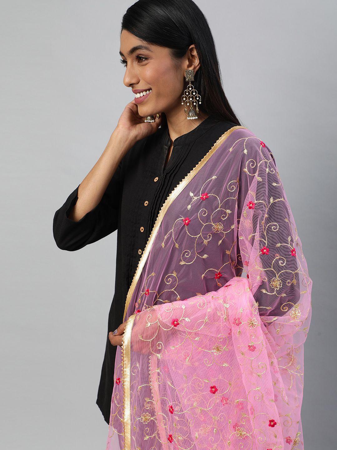 flaher pink embroidered dupatta with zari