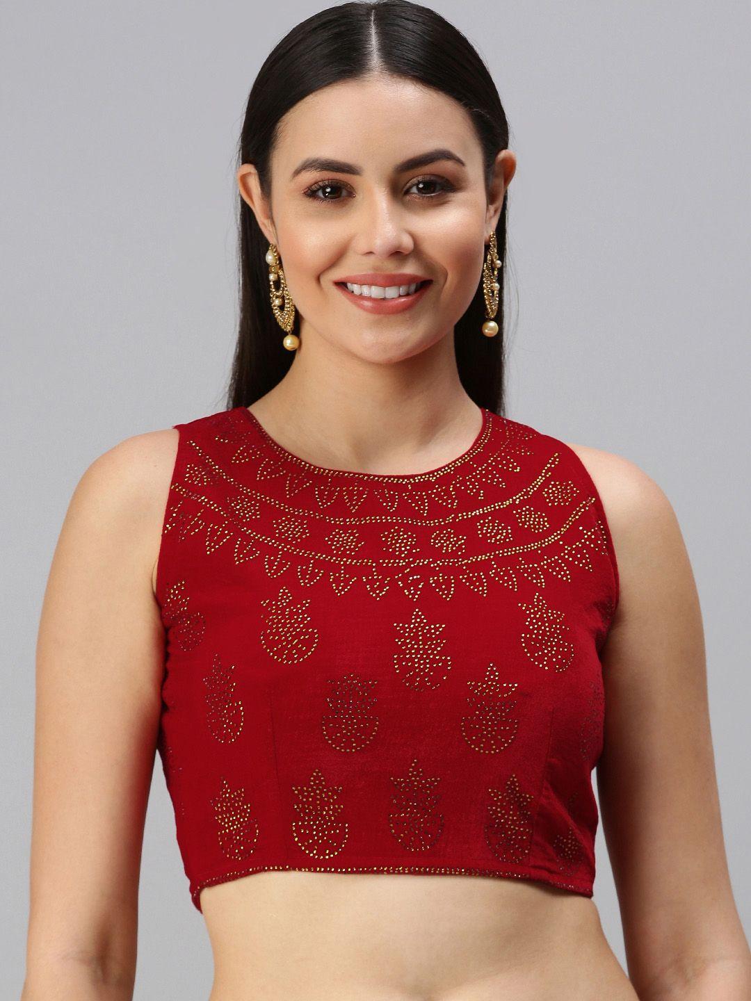 flaher red embellished velvet padded readymade saree blouse