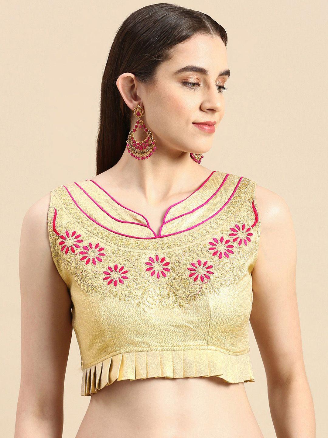 flaher women beige & pink embroidered art silk saree blouse