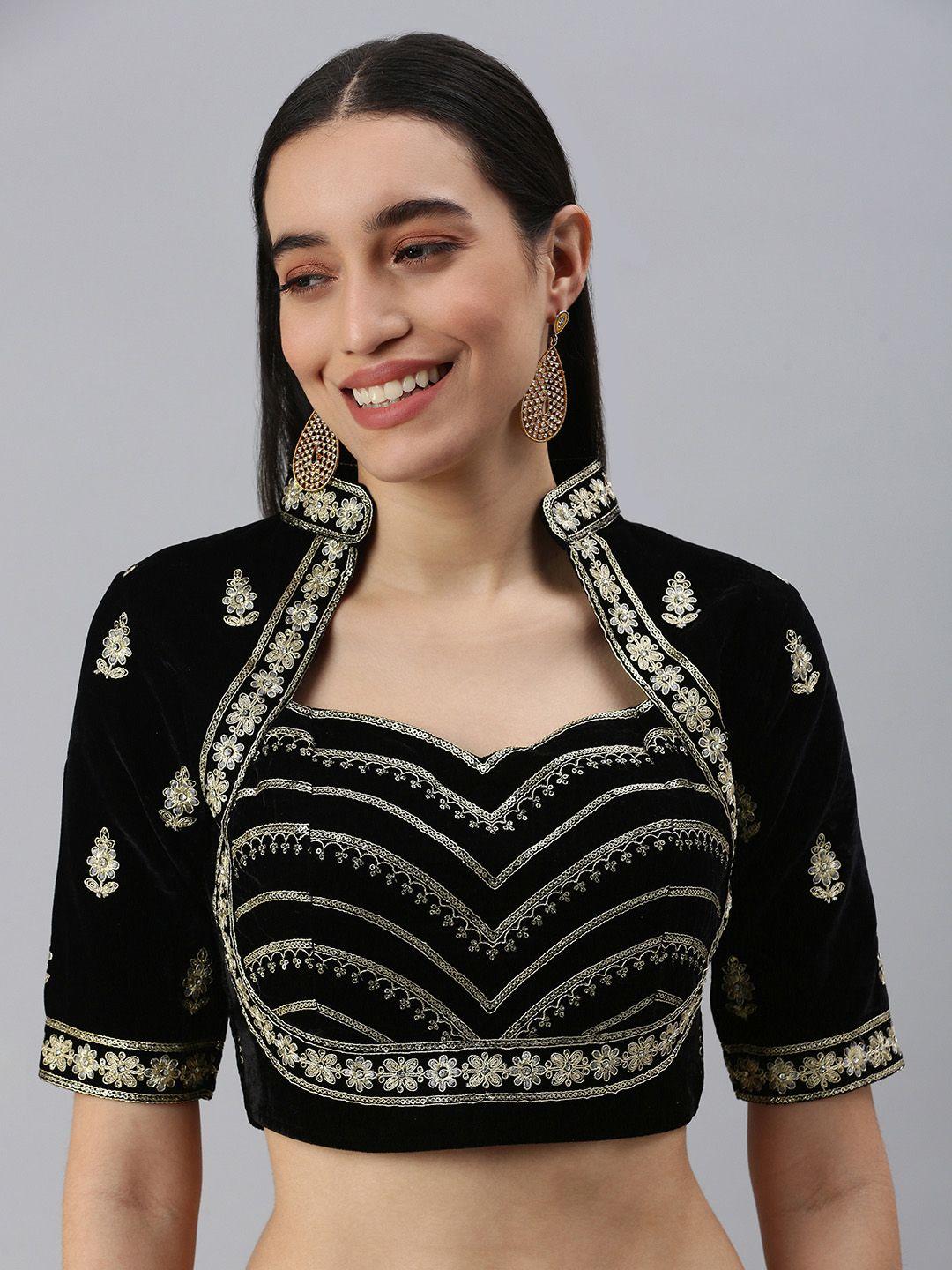 flaher women black embroidered velvet padded saree blouse