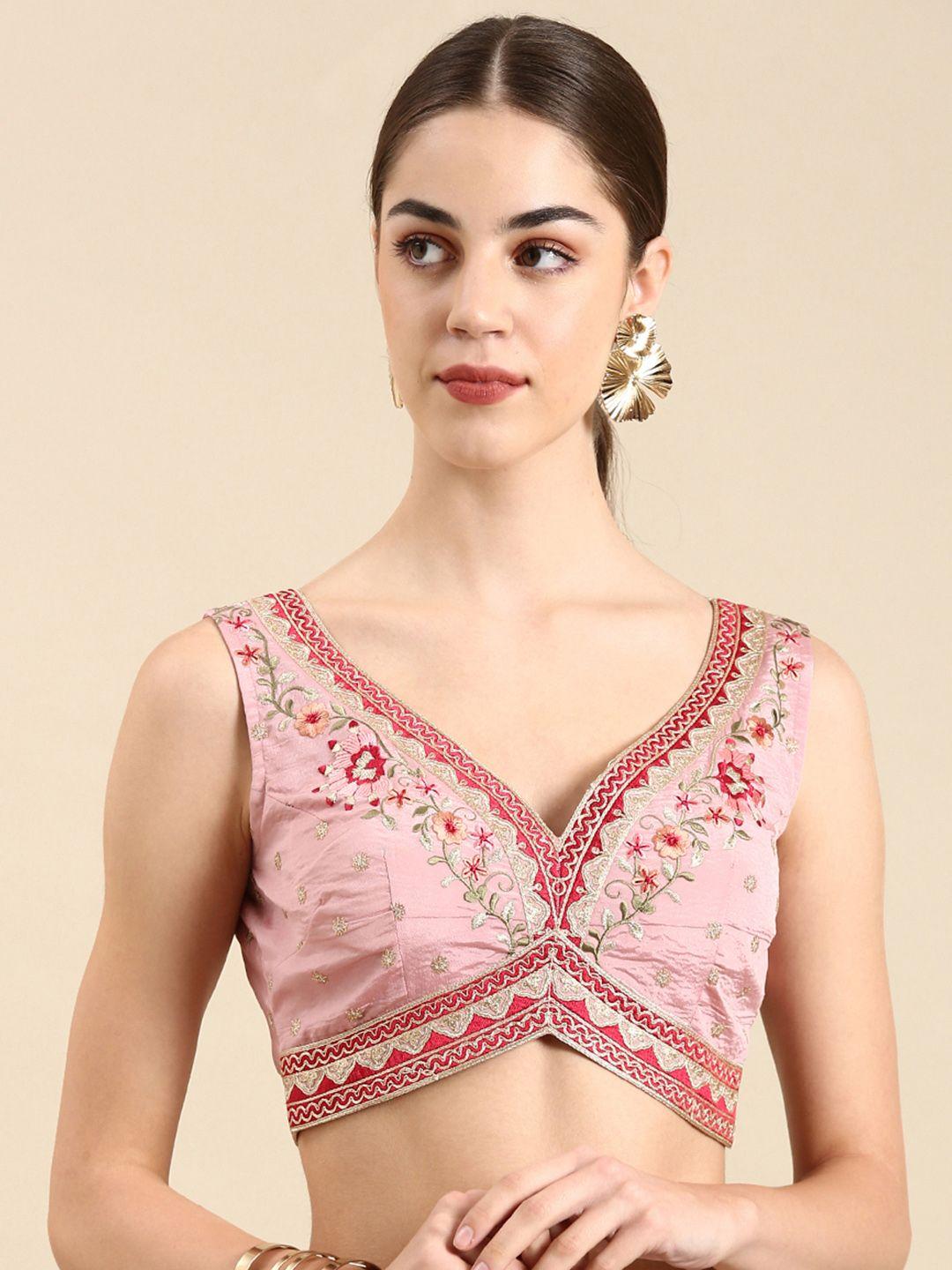 flaher women embroidered silk readymade padded saree blouse
