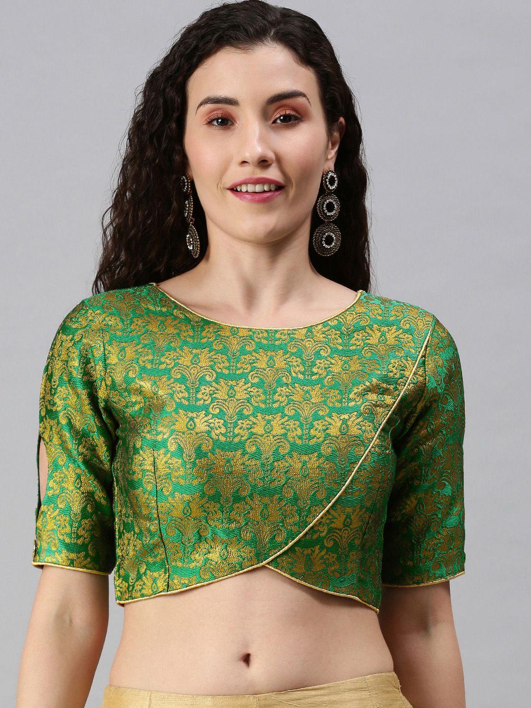 flaher women green & golden woven saree blouse