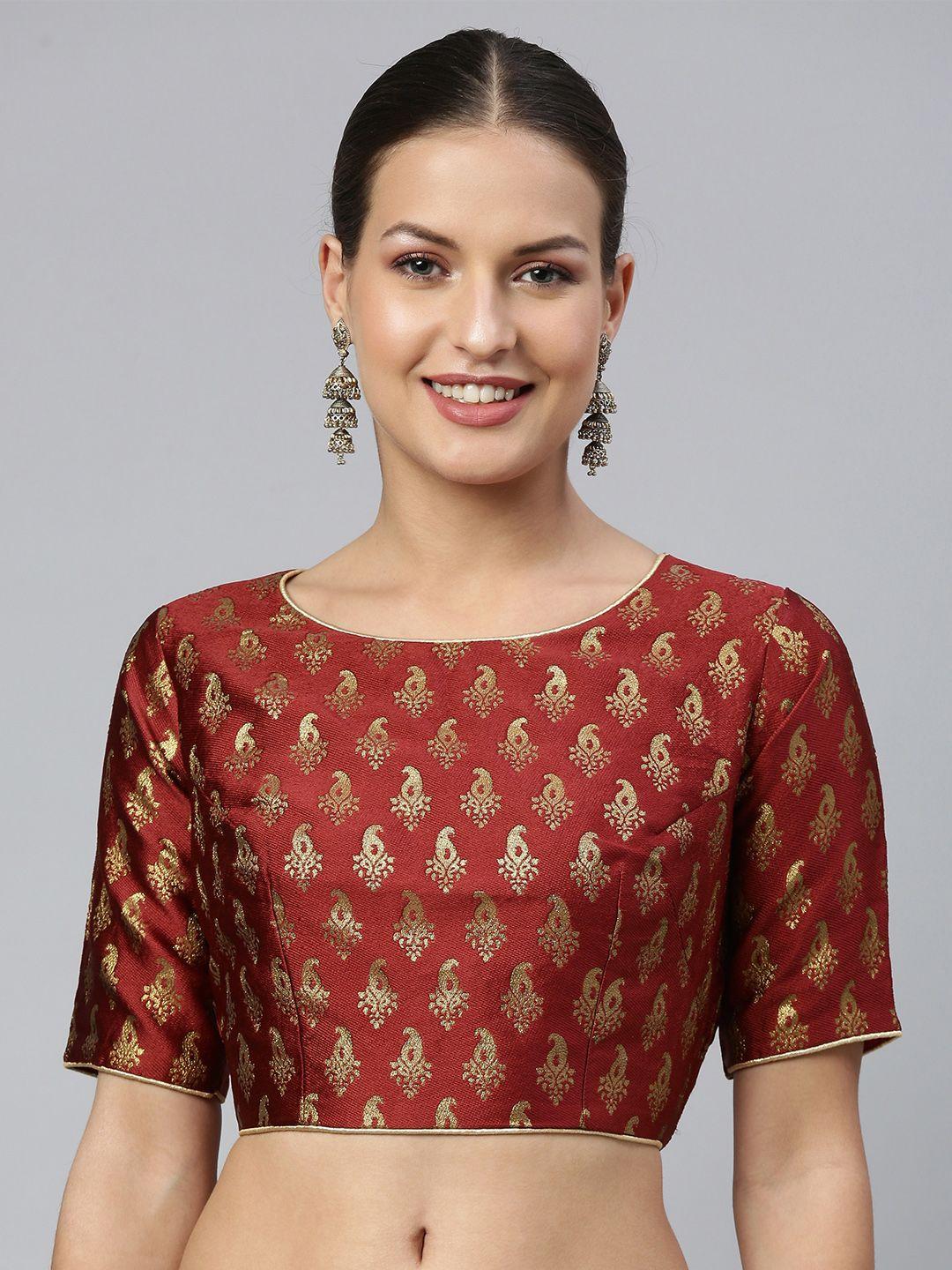 flaher women maroon & gold ethnic motifs jacquard woven design saree blouse with tie-ups