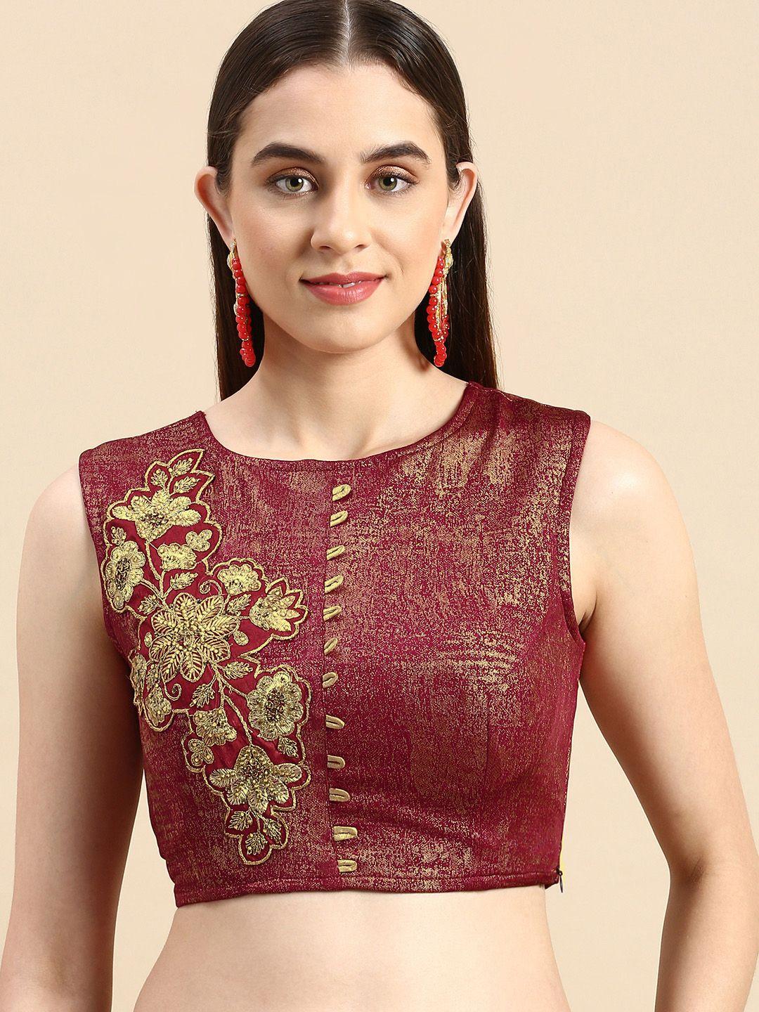 flaher women maroon & gold-toned embroidered art silk saree blouse