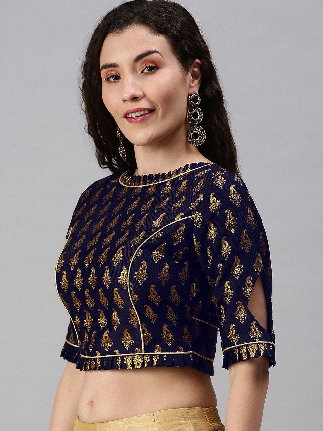 flaher women navy blue & golden woven saree blouse