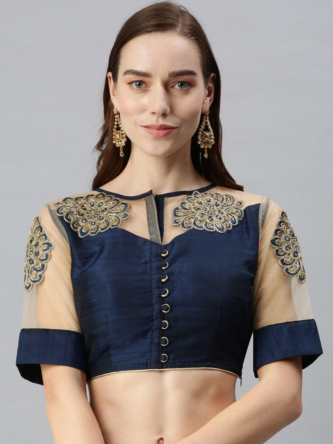 flaher women navy blue embroidered art silk saree blouse