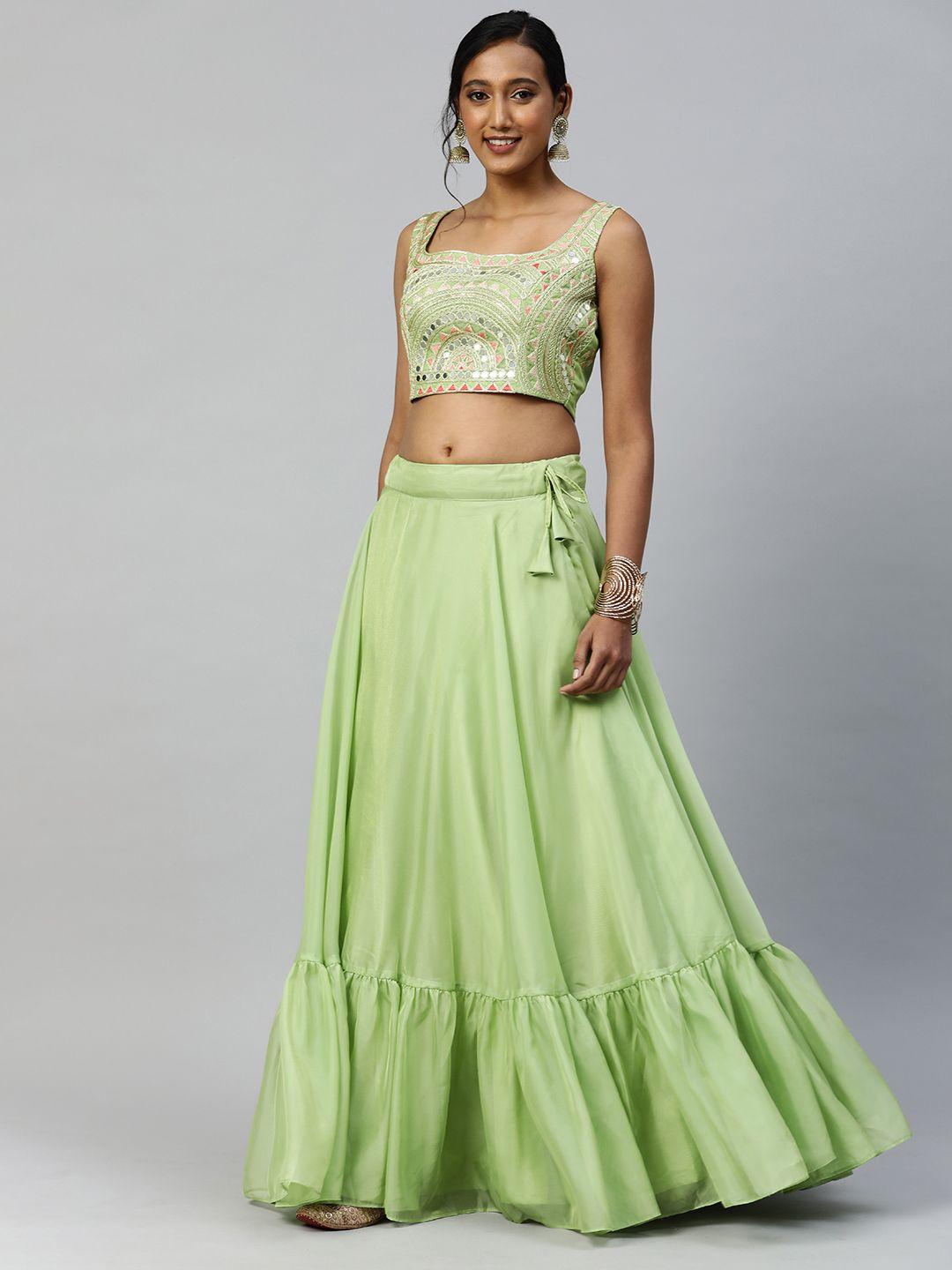 flaher women pista green embroidered zari ruffles ready to wear fusion lehenga & blouse