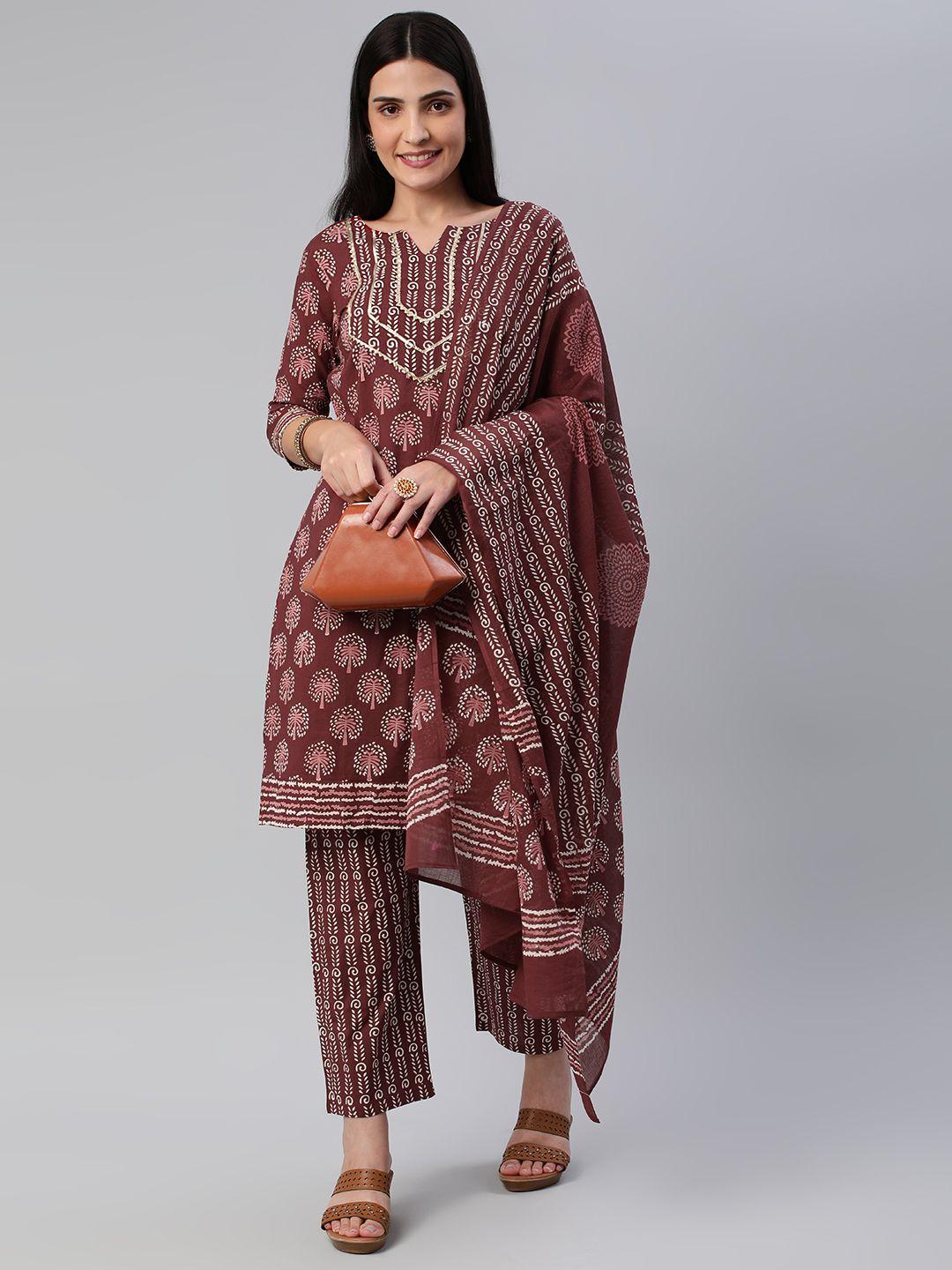 flaher women printed gotta patti pure cotton kurta with trousers & with dupatta