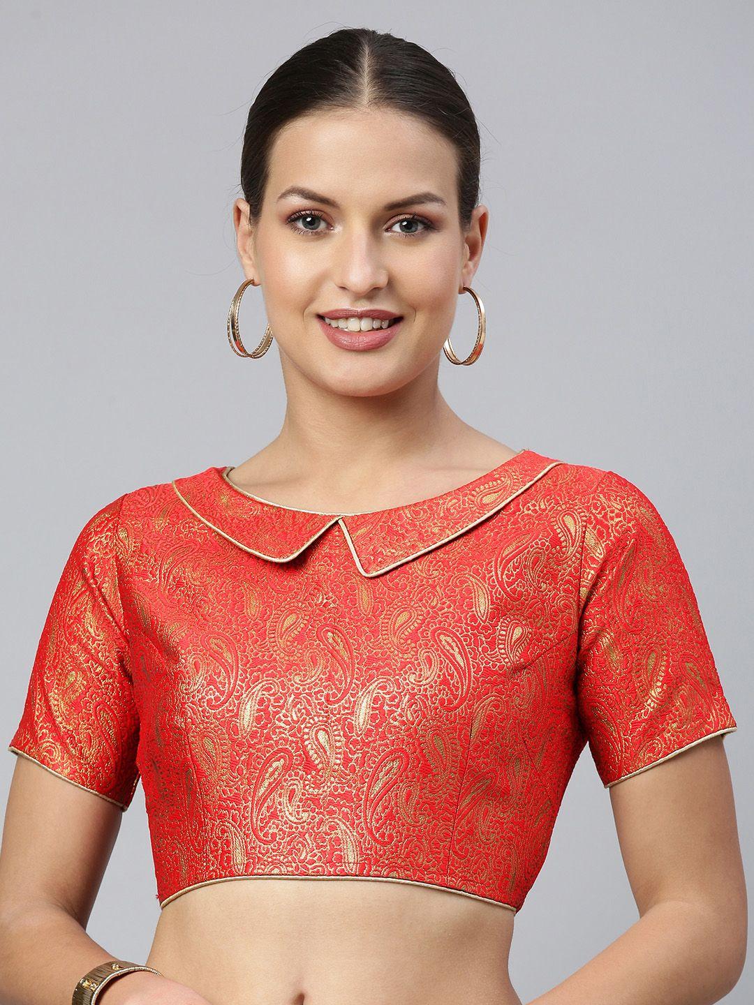 flaher women red & gold ethnic motifs jacquard woven design saree blouse with cut-out