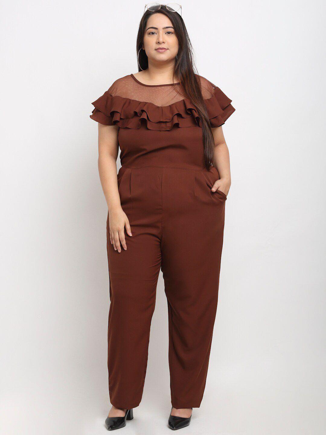 flambeur brown basic jumpsuit with ruffles detail