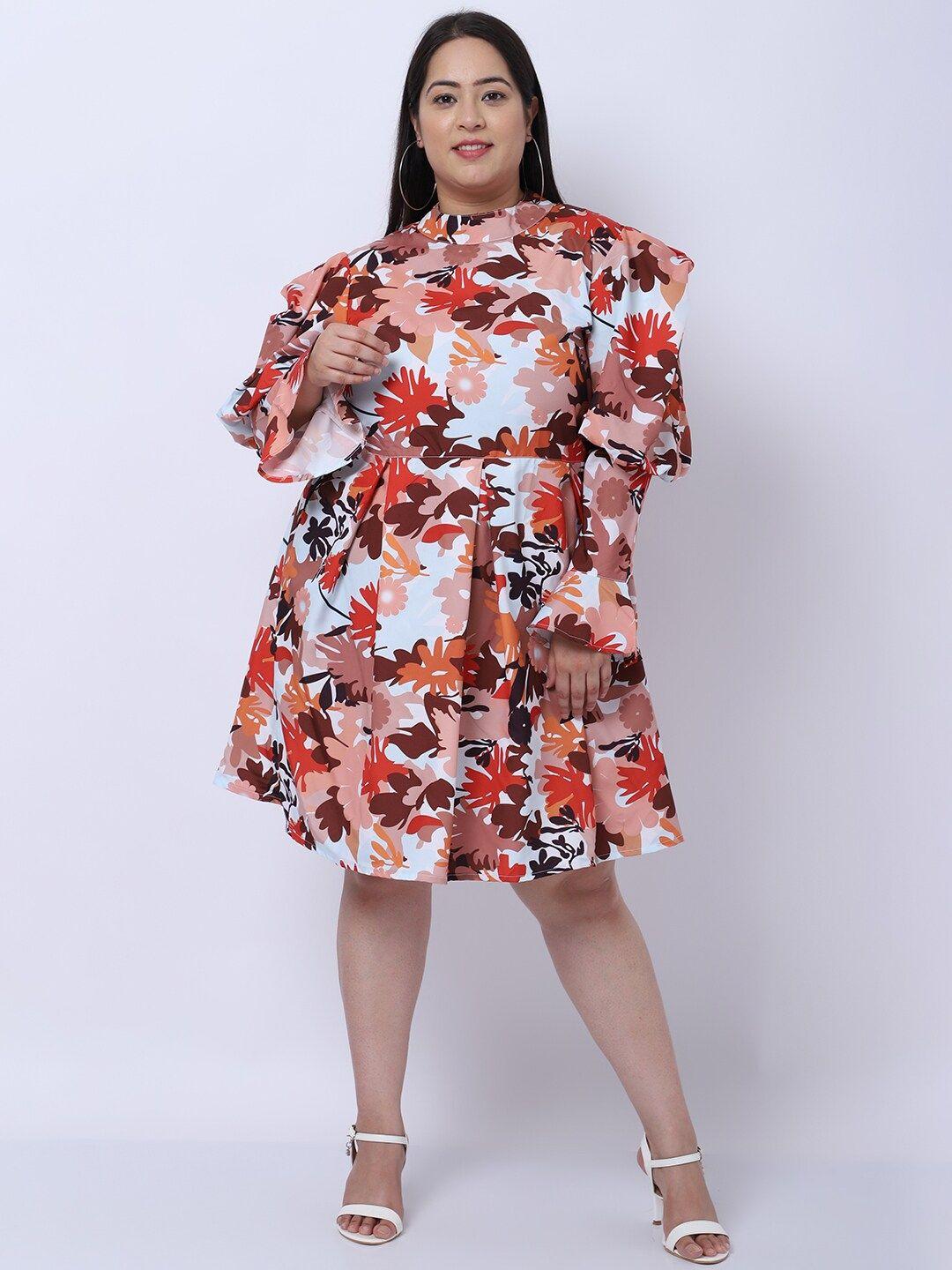 flambeur plus size floral printed high neck fit & flare dress